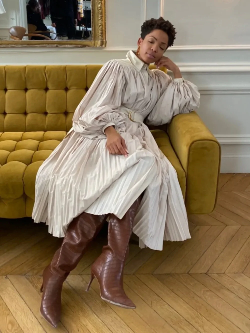 Aje Prima Pleated Long Sleeve Midi Dress in Light Beige - Picture 3 of 6